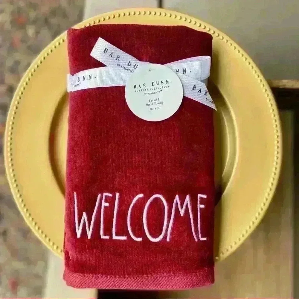 NEW SET of 2 - Rae Dunn - WELCOME - Beautiful Embroidered Burgundy Hand …
